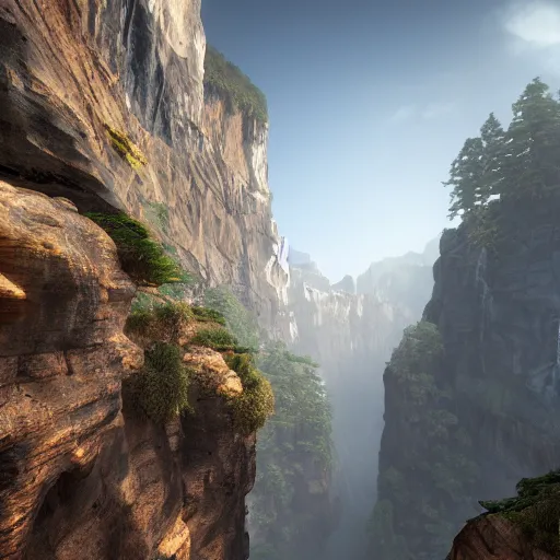 Image similar to pathway canyon in between mountains, unreal engine, high detail, realism, award winning, mist, detailed lighting