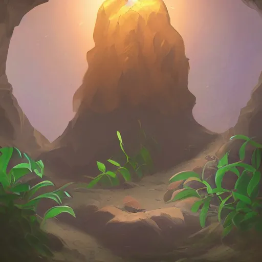 Prompt: A weird looking glowing plant lighting a dark cave, digital art, illustration, trending on artstation