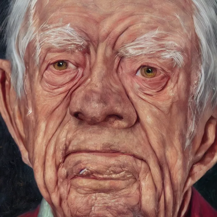 Image similar to hyperrealistic close up studio portrait of aging old Jimmy Carter age 103 wrinkled sorrowful, oil painting by Ivan Albright and Lucian Freud and Ron Mueck, trending on artstation Studio lighting hyperrealism