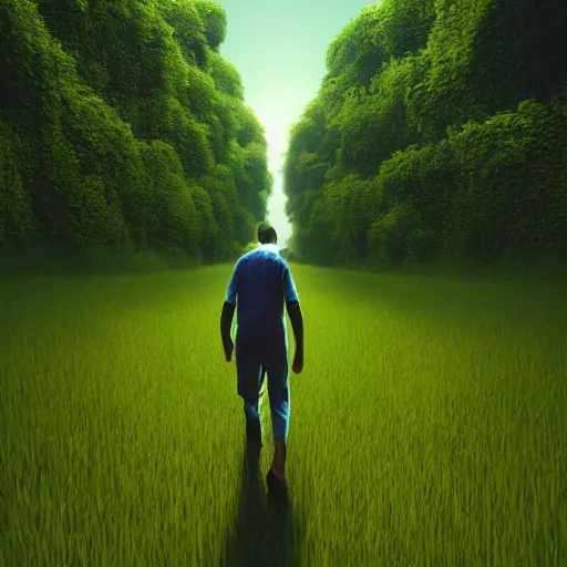 Prompt: a man walking across a lush green field, cyberpunk art by beeple, cgsociety, retrofuturism, synthwave, retrowave, outrun