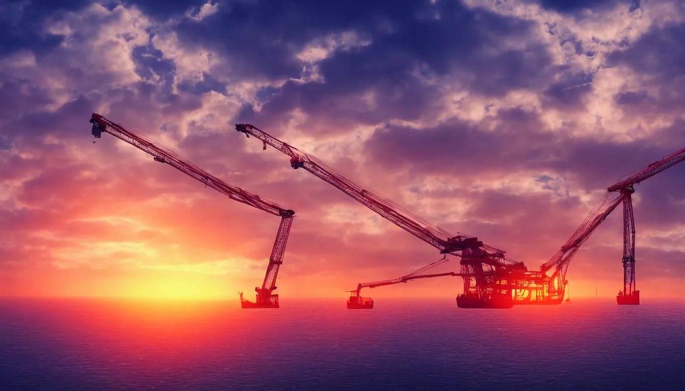 Prompt: huge machine cranes , feedback loop , burst of powders ,volumetric lighting, twisting vapour, bellowing dust , emerging seascape and beautiful sunset , full colour , upscale , 4k