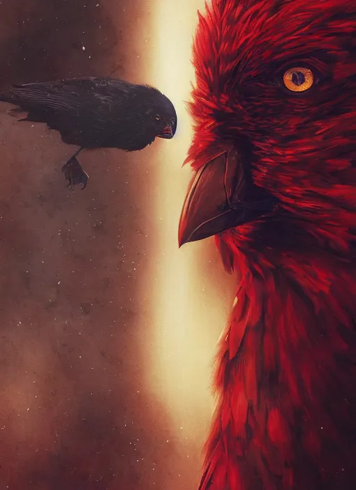 Image similar to red and golden color details, portrait, A crow with red eyes in front of the full big moon, book cover, red details, red white black colors, establishing shot, extremly high detail, foto realistic, cinematic lighting, by Yoshitaka Amano, Ruan Jia, Kentaro Miura, Artgerm, post processed, concept art, artstation, raphael lacoste, alex ross, portrait, A crow with red eyes in front of the full big moon, book cover, red roses, red white black colors, establishing shot, extremly high detail, photo-realistic, cinematic lighting, by Yoshitaka Amano, Ruan Jia, Kentaro Miura, Artgerm, post processed, concept art, artstation, raphael lacoste, alex ross