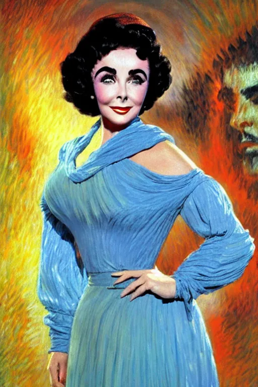 Image similar to impressionism painting of a d & d style retro sci - fi elizabeth taylor beautiful face and wearing full detailed clothing