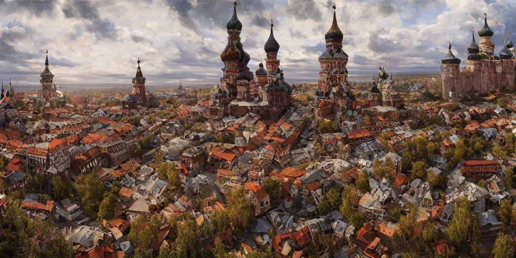 Image similar to photo beautiful magical ancient Slavic Russian city of Kitezh, fisheye lens, painting by Viktor Vasnetsov, concept art, magical city, fantasy cityscape, ancient Slavs, wooden buildings, ancient Russian architecture, terem, hyperborea, top cinematic lighting , cinematic mood, very detailed, 8k, high resolution, trending on artstation, painting by Nicholas Roerich, artstationHD,