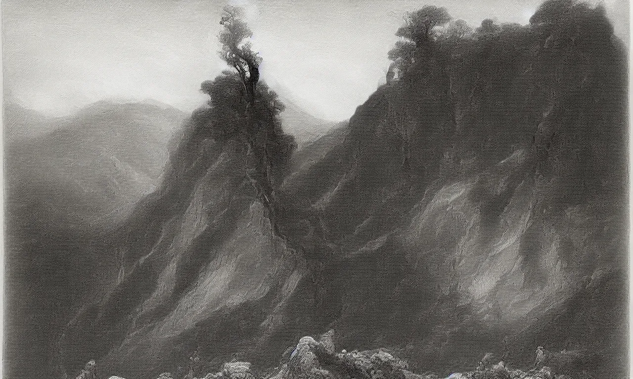 Prompt: an engraving of a lone gnarled tree clinging to a scree slope by gustave dore highly detailed, storybook illustration, lithograph engraving