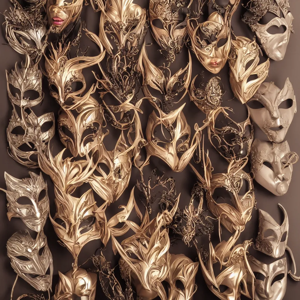 Prompt: a collection of a masquerade masks hanging on a wall by artgerm, dramatic lighting, highly detailed, trending on artstation