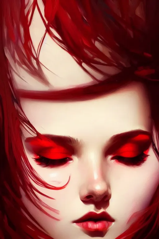 Prompt: a beautiful girl with red makeup in the eyes, fantasy, portrait, sharp focus, intricate, elegant, digital painting, artstation, matte, highly detailed, concept art, illustration, ambient lighting, art by ilya kuvshinov, artgerm, Alphonse mucha, and Greg Rutkowski