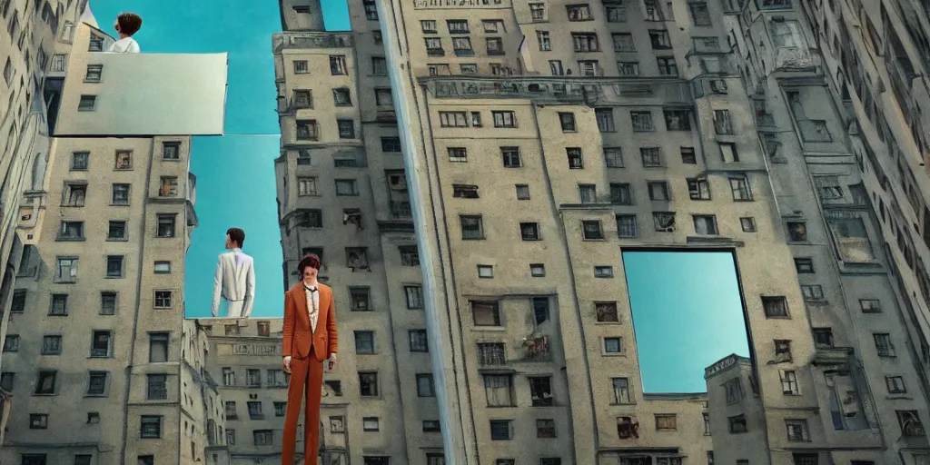 Image similar to a very high resolution image from a new movie, upside - down building, mirror, beautiful scenery, photorealistic, photography, directed by wes anderson