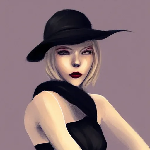 Prompt: beautiful woman in a black dress, full length photo, wearing a white hat and a red scarf, head bowed slightly, looking mischievously and mysteriously at the camera, wavy blond hair, knees upturned, very beautiful woman, 4k highly detailed, digital painting, artstation, concept art, matte, sharp focus, illustration, art by Artgerm and Greg Rutkowski and Alphonse Mucha