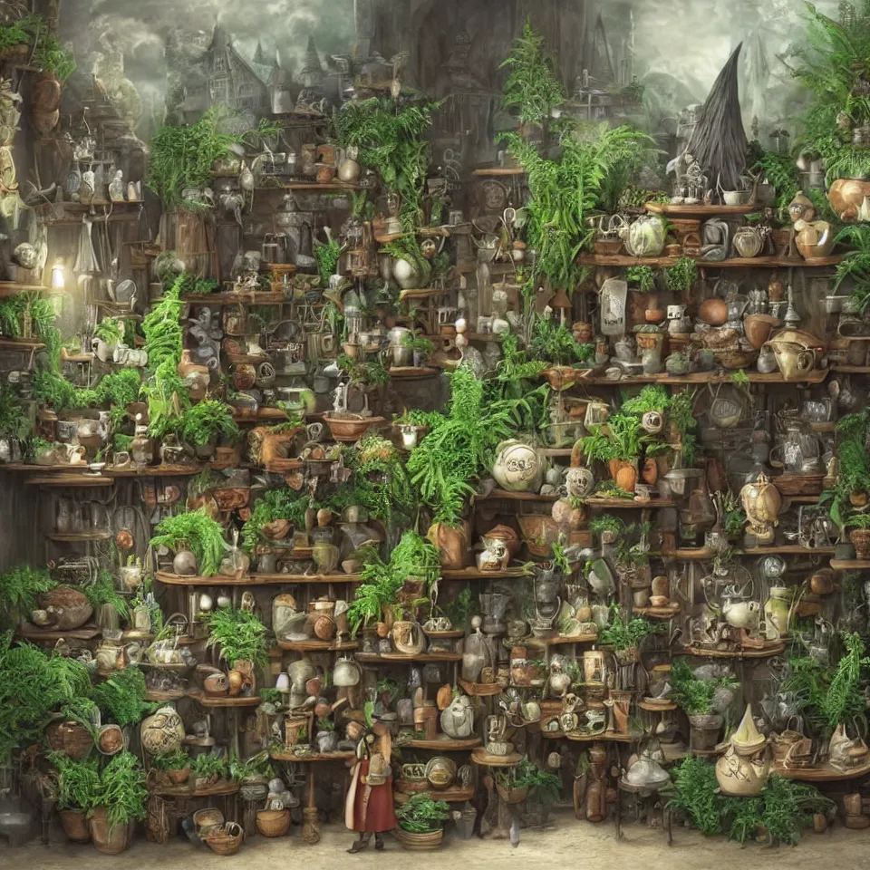 Image similar to small witch shop, counter, cauldrons, potions, visitor!!! in a pointy hat!!, holding an owl, ferns and plants in pots, highly detailed, sharp focus, matte painting, by studio ghibli, by giovani magana,