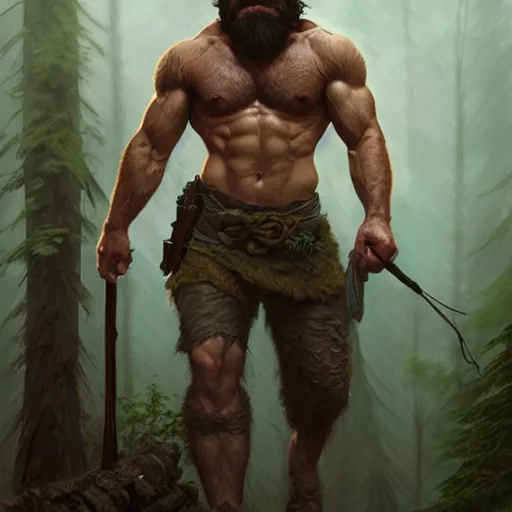 Prompt: Rugged male ranger, muscular, hairy torso, D&D, fantasy, forest, intricate, cinematic lighting, highly detailed, digital painting, artstation, concept art, smooth, sharp focus, illustration, art by Artgerm and Greg Rutkowski and Alphonse Mucha