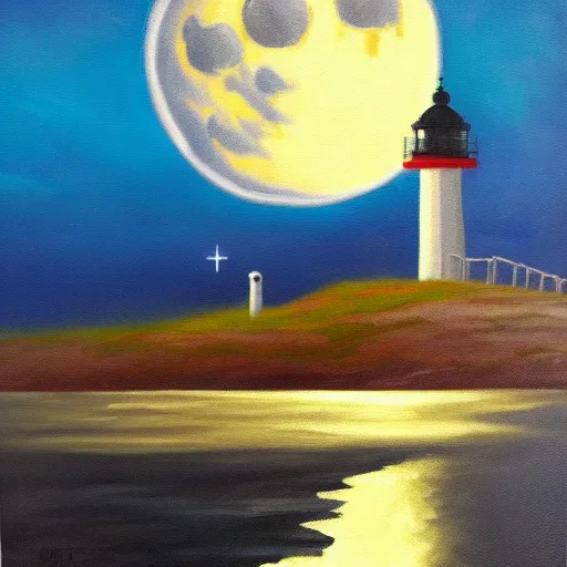 Image similar to oil painting of little lighthouse on the moon