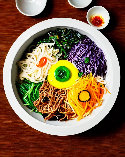 Image similar to realistic photo of delicious bimbimbap, bowl, white kitchen table, marble, highly detailed, by louise lister, sara ali, mary devinat, kailee mandel, masterpiece, award winning, food photography