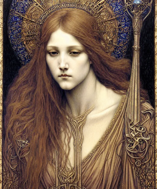 Image similar to detailed realistic beautiful young medieval queen face portrait by jean delville, gustave dore and marco mazzoni, art nouveau, symbolist, visionary, gothic, pre - raphaelite. horizontal symmetry