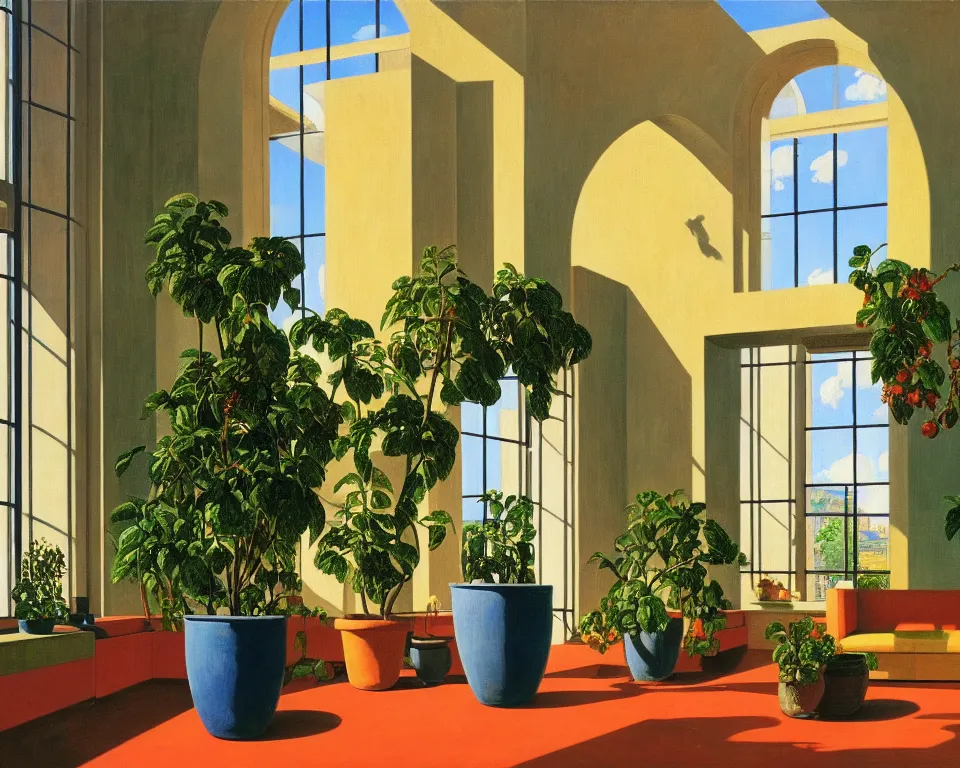 Prompt: an achingly beautiful print of the interior of a contemporary art museum with vibrant paintings along the walls, classical antiquities on display, and small potted plants by Raphael, Hopper, and Rene Magritte. detailed, romantic, enchanting, trending on artstation.