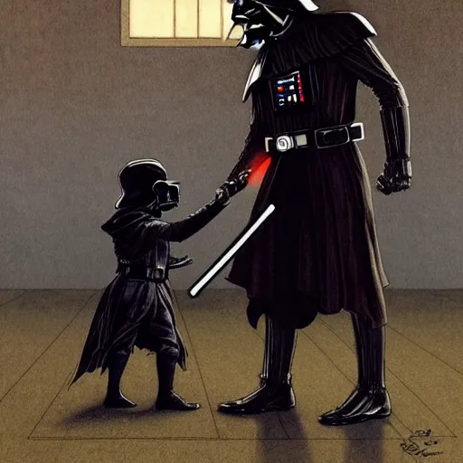 Prompt: a detailed picture of darth vader playing catch with his grandson, intricate, elegant, highly detailed, digital painting, artstation, concept art, matte, sharp focus, illustration, art by rebecca guay and by arthur rackham and by alphonse mucha and by john william waterhouse