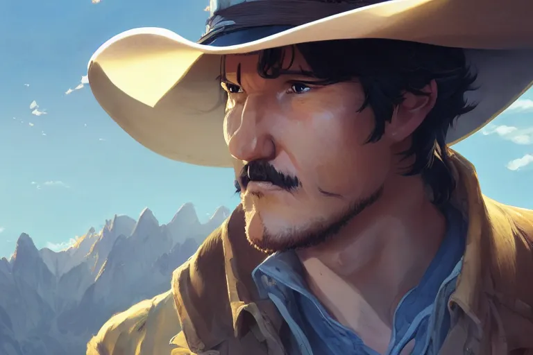 Image similar to old pedro pascal as a cowboy, single subject, mountaineous background, scenic full shot, ambient lighting, detailed face, by makoto shinkai, stanley artgerm lau, wlop, rossdraws