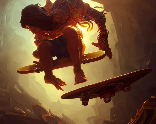 Image similar to skateboarding floor is lava, deep focus, d & d, fantasy, intricate, elegant, highly detailed, digital painting, artstation, concept art, matte, sharp focus, illustration, hearthstone, art by artgerm and greg rutkowski and alphonse mucha