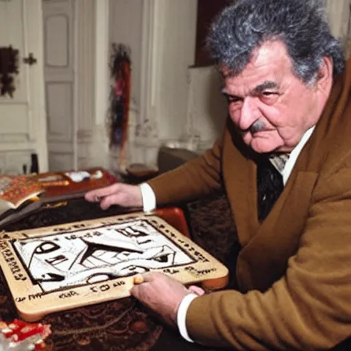 Image similar to Romani Prodi summoning spirits with an Ouija board