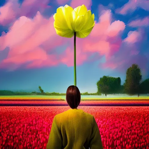 Image similar to large tulip in front of face, girl standing in a flower field, surreal photography, sunrise dramatic light, impressionist painting, colorful clouds, digital painting, artstation, simon stalenhag, flower face