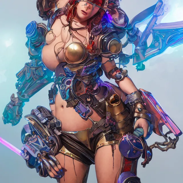 Image similar to studio portrait of lawful good colorful female holy mecha paladin absurdly beautiful, elegant, young curvy bikini model, ultrafine hyperrealistic detailed face illustration by kim jung gi, irakli nadar, intricate linework, sharp focus, bright colors, matte, octopath traveler, final fantasy, unreal engine highly rendered, global illumination, radiant light, intricate environment