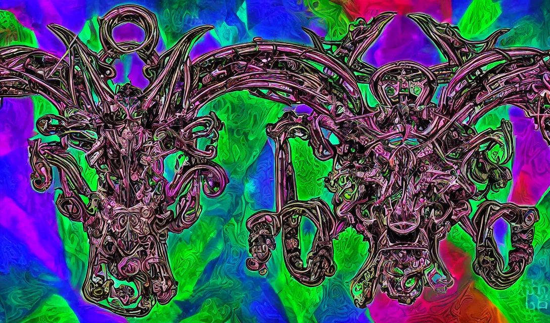 Image similar to biomechanical baphomet sigil merged with mainframe circuitry, multicolored digital art