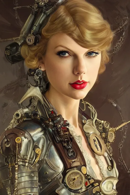 Prompt: taylor swift as a steampunk cyborg elf, portrait, western, steampunk, duster, fantasy, intricate, elegant, highly detailed, digital painting, artstation, concept art, sharp focus, illustration, art by artgerm and greg rutkowski and alphonse mucha