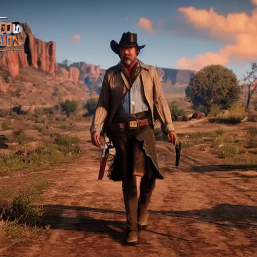 Image similar to jim carey stars as dutch van der linde in the playstation 4 video game red dead redemption 2, detailed screenshot beautiful!