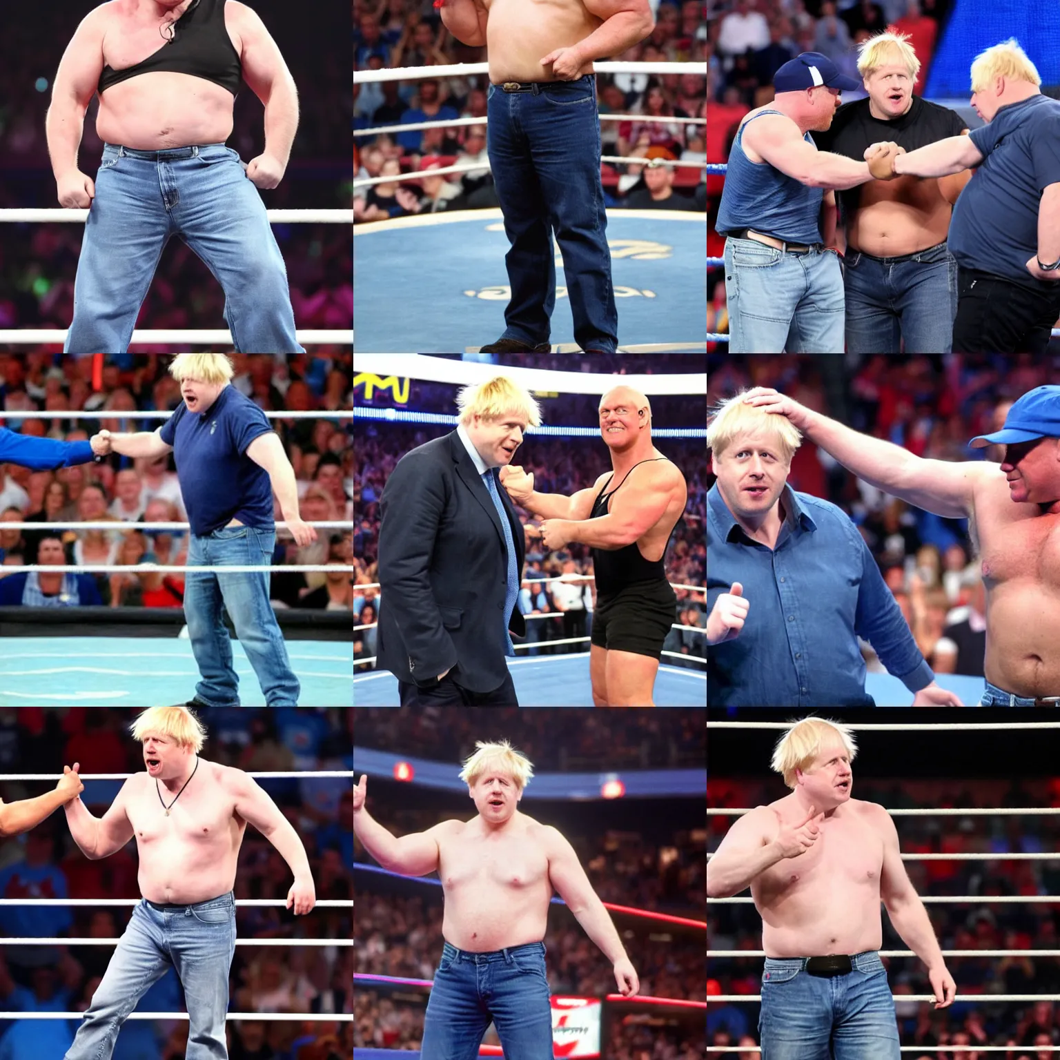 Prompt: boris johnson wearing a blue baseball cap hat and jeans in wwe as a muscular wrestler. he is holding one hand near his face