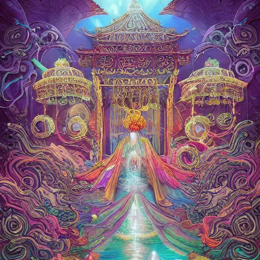 Prompt: A painting of priestesses worshipping at the jellyfish temple, shrouded in mist, jellyfish god, jellyfish priestess, jellyfish shrine maiden, 8K, illustration, art by Kyuyong Eom, smoke, undersea temple with fish, cinematic, insanely detailed and intricate, hypermaximalist, elegant, super detailed, award-winning, magenta and crimson and cyan, rainbow accents, iridescence, bioluminescence, mysterious, ancient, ritual, trending in cgsociety, artstation HQ, ornate, elite, haunting, matte painting, beautiful detailed, insanely intricate details, dreamy and ethereal, otherworldly