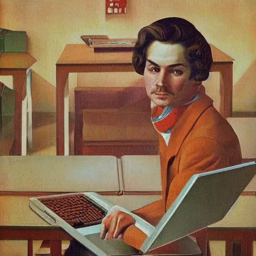 Prompt: detailed intricate soviet realism painting of webdesigner with laptop, heroic, beautiful