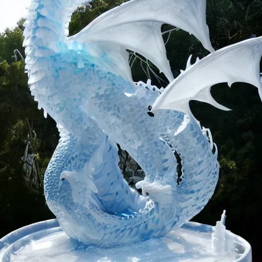 Prompt: a majestic dragon made of ice, ice sculpture, detailed fantasy photography