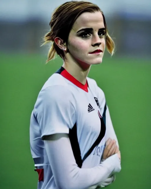 Image similar to a portrait of emma watson as a lokomotiv football player, hyper realistic