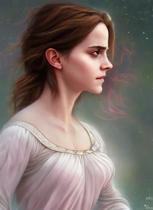 Prompt: emma watson as nature magic celestial turned away, long hair, soft pink and white transparent cloth, space, D&D, shiny background, intricate, elegant, highly detailed, digital painting, artstation, concept art, smooth, sharp focus, illustration, artgerm, bouguereau