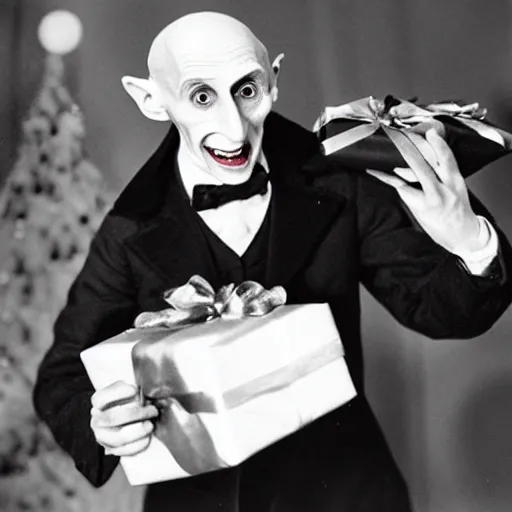Image similar to adorable count orlok opening presents on christmas, vintage photograph, 4 k