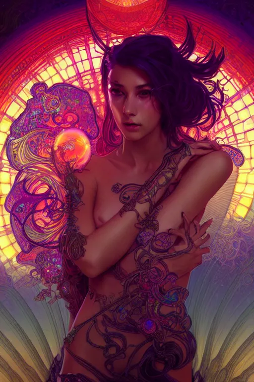 Prompt: psychedelic acid trip, backlight reactive, sexy, fantasy, intricate, elegant, highly detailed, digital painting, artstation, concept art, matte, sharp focus, illustration, art by Artgerm and Greg Rutkowski and Alphonse Mucha