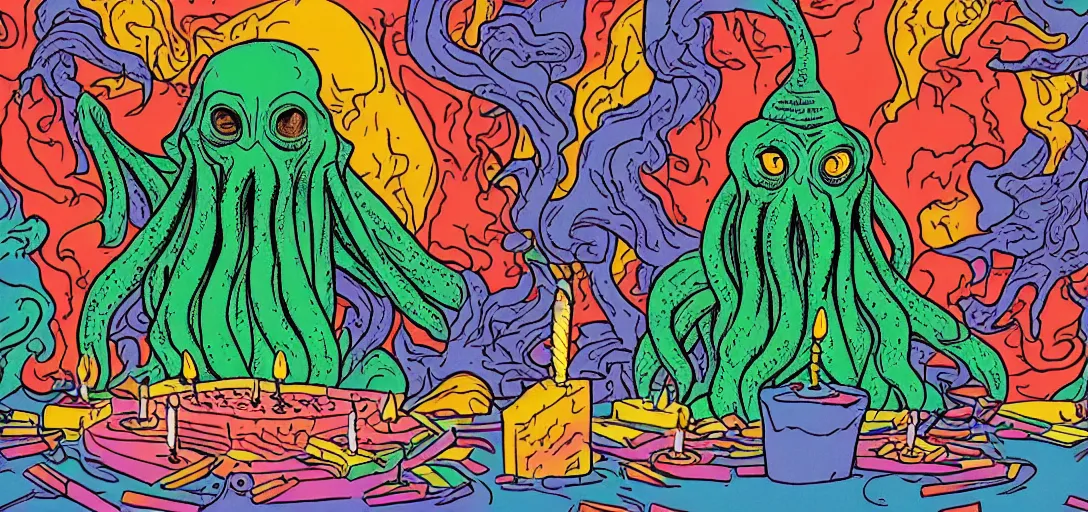 Image similar to Cthulhu laughing and blowing out the candles on his birthday cake, Mike Judge art style, 90's mtv illustration, surrealism, David Lynch film, fractal tile flooring, clean linework, vivid complementary colors