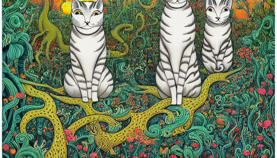 Image similar to highly detailed contemporary acrylic painting of really tall sitting cats by joe fenton, thick brush strokes and visible paint layers, dense overgrown forest background, vivid pastel color scheme