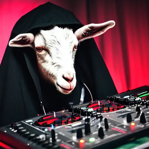 Prompt: a goat wearing a dark hooded cloak on the dj decks