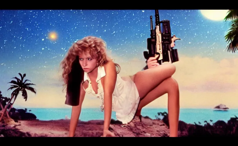 Image similar to 1 9 8 6 vintage movie screencap of a girl with a gun on a mediterranean mansion, gucci clothes, night sky, beach and tropical vegetation on the background major arcana sky and occult symbols, extremely ultra high quality photo 8 k