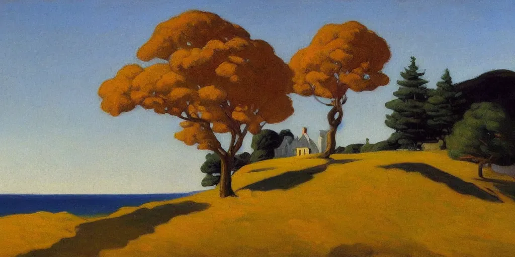 Prompt: a beautiful landscape painting of a rocky outcrop on the coast with a tree next to a house, autumn season, by edward hopper, oil on canvas, highly detailed, hd, 4 k