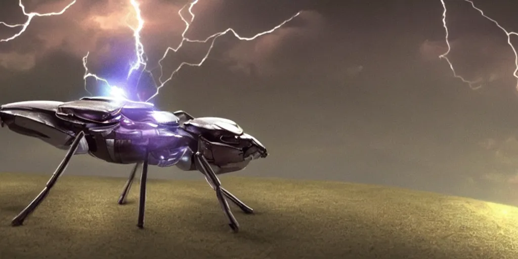 Image similar to lightning bug descendant 1 million in the future is a quadruped with big eyes with rgb ambient lighting ( bug ). the bug wears a spacesuit, and explores the cosmos in a bug - shaped spaceship. science fiction blockbuster movie bugs save the planet or the love bug from saturn, dramatic lighting, interstellar film ( 2 0 1 4 )
