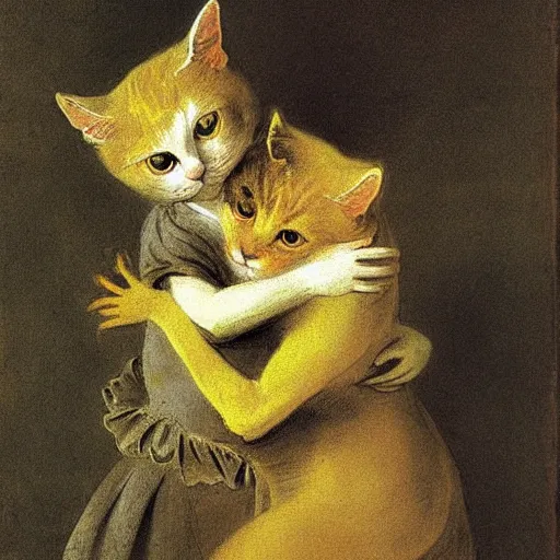 Prompt: two yellow cats hug each other ， rococo, 1 7 3 0, late baroque, antoine watteau