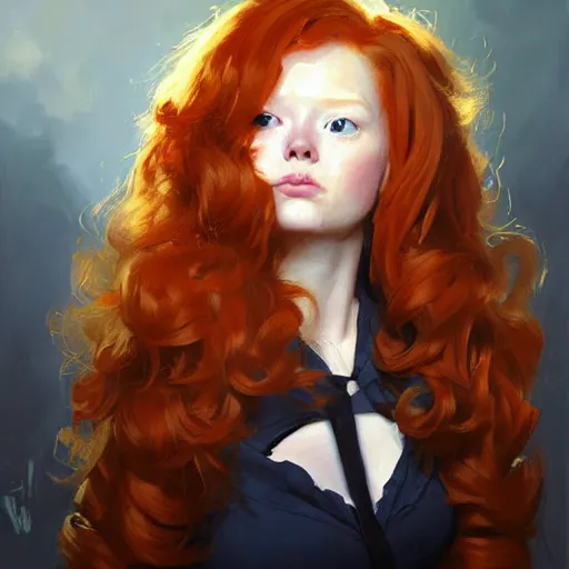 Prompt: greg manchess portrait painting of ginger girl!!! long curly hair!! evil, sad! with a ginger cat as overwatch character, medium shot, asymmetrical, profile picture, organic painting, sunny day, matte painting, bold shapes, hard edges, street art, trending on artstation, by huang guangjian and gil elvgren and sachin teng