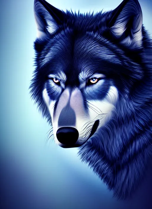 Image similar to dark blue wolf, red eyes highly detailed, deep focus, elegant, digital painting, smooth, sharp focus, illustration, ultra realistic, 8 k, art by wlop