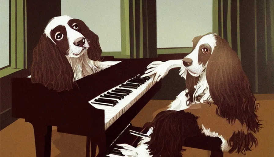 Image similar to sprocker Spaniel , playing a piano.Martini on the side, illustration. Artwork. Niore