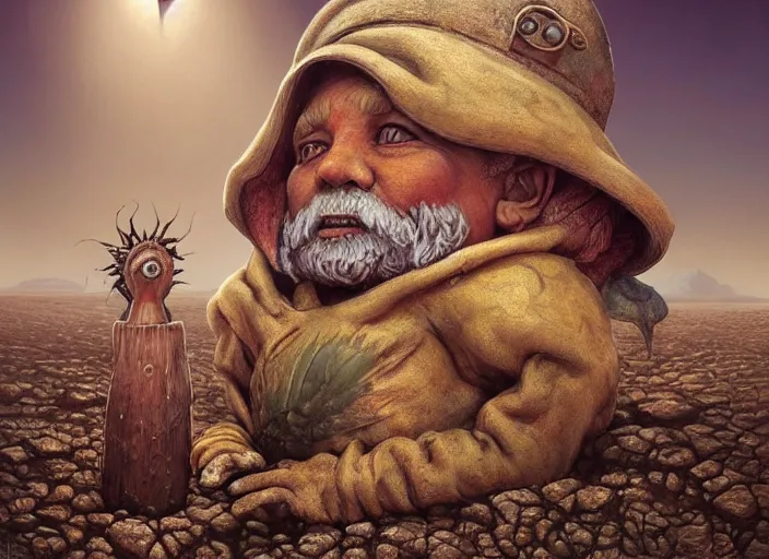 Image similar to a highly detailed forgotten garden gnome surviving in a vast barren desert, hopeless wasteland background with a relentless raging sun overhead, hot, oppressive, an ultrafine detailed painting by by karol bak and filip hodas, trending on deviantart, pop surrealism, whimsical, lowbrow, perfect symmetrical face, sharp focus, masterpiece