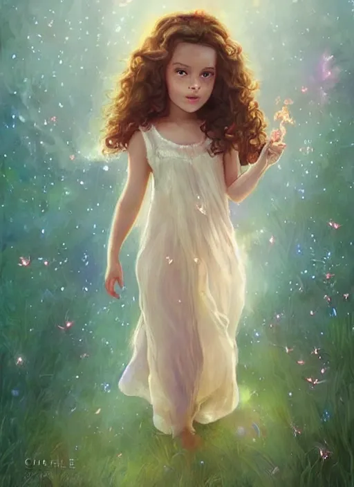 Image similar to A cute little girl with shoulder length curly brown hair with a happy expression wearing a summer dress dancing with fireflies, she is in the distance. beautiful fantasy art by Charlie Bowater.