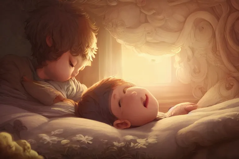 Image similar to a beautiful illustration of a little cute boy in his bed dreaming about a beautiful, fantasy, intricate, epic lighting, cinematic composition, hyper realistic, 8 k resolution, unreal engine 5, by artgerm, tooth wu, dan mumford, beeple, wlop, rossdraws, james jean, marc simonetti, artstation