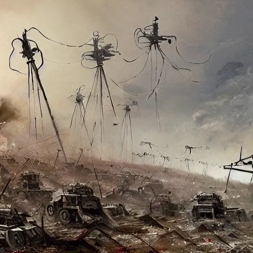 Image similar to war of the worlds, martian tripods attack london, dital painting, very detailed, art by jakub rozalski